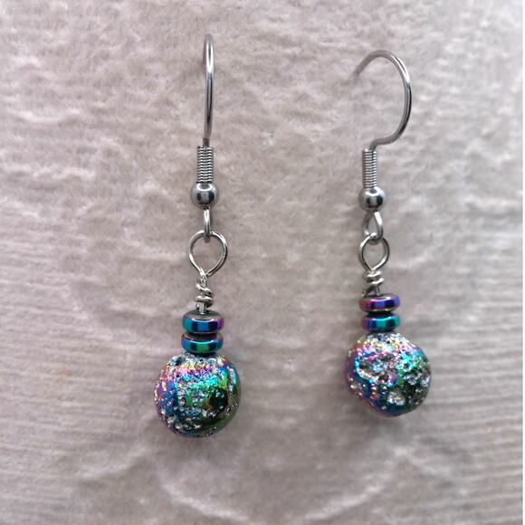 Artisan Iridescent Drop Earrings Electroplated Lava Stone Rainbow Hematite Beads - Picture 5 of 11